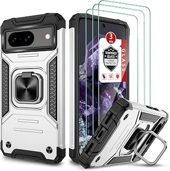 Case for Google Pixel 8a with 3 Pcs Tempered Glass Screen Protector, Built in Magnetic Ring Kickstand Military-Grade Hard PC TPU Hybrid Shockproof Aromr Case for Pixel 8a - White