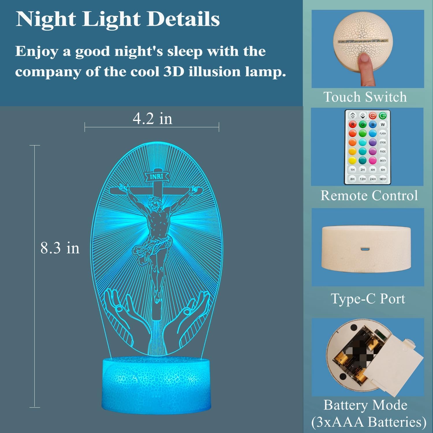 Cross 3D Night Light, Jesus Lamp, 16 Colors Changing, Remote Control with Timer, RGB Flashing Mode and Dimmable, Jesus Gift for Christmas Birthday Decor
