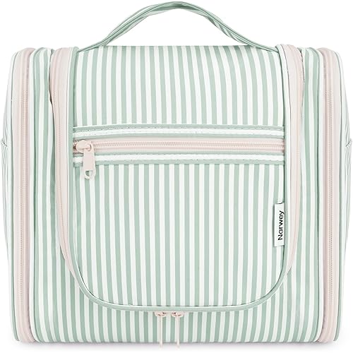 Narwey Striped Hanging Travel Toiletry Bag for Women, Travel Bag for Toiletries, Makeup Bag Organizer Cosmetic Bags Make Up Bags for Women (Mint Green Stripe)