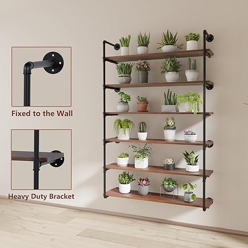 Miniatura 7 de Estantes industriales de 6 niveles con tablones de madera, estantería de tubo de hierro de 48 pulgadas, estantería retro montada en la pared,