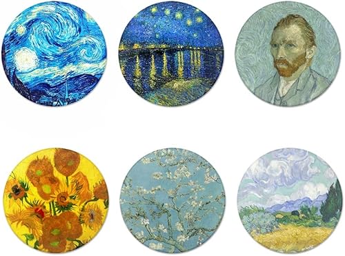 ENLACHIC 6 posavasos Van Gogh Art para bebidas, protección de posavasos de mesa redonda, fieltro + material de goma, colores azules, amarillos y