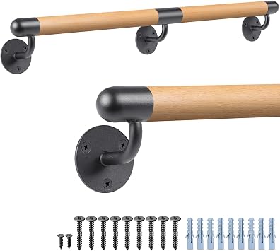 Dolibest Handrail Wooden 150 cm Stair Railing Grab Bar Wall Handle Bar Φ3.8 cm round beech indoor outdoor stairs cellar staircase 227 kg metal holder complete set screw dowels DIY