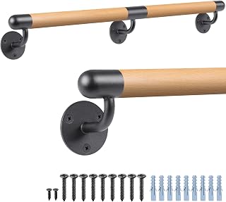 Dolibest 60 inch Wood Handrail Indoor Stairs Handrail Wall Mount Handrail w/Sturdy Metal Barckets, Non-Slip and Comfty Handrail Barrier-Free Staircase Grab Bar for Elderly, 1-1/2'' Round
