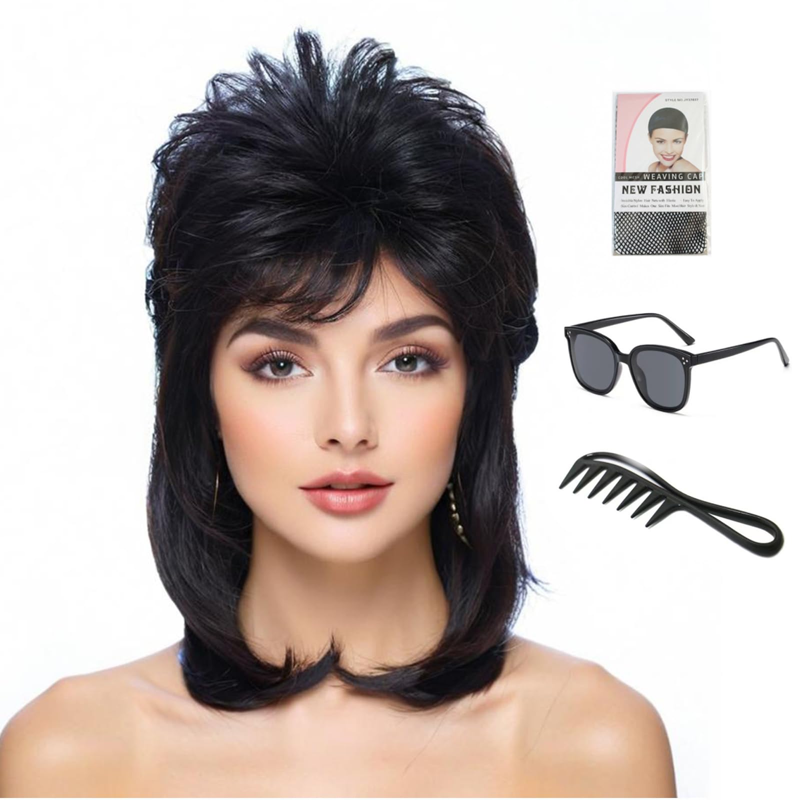 ByouByou 80s Mullet Wig for Women Fluffy and Layered Hairpiece for Perfect for Costume Parties and Cosplayg (Black)