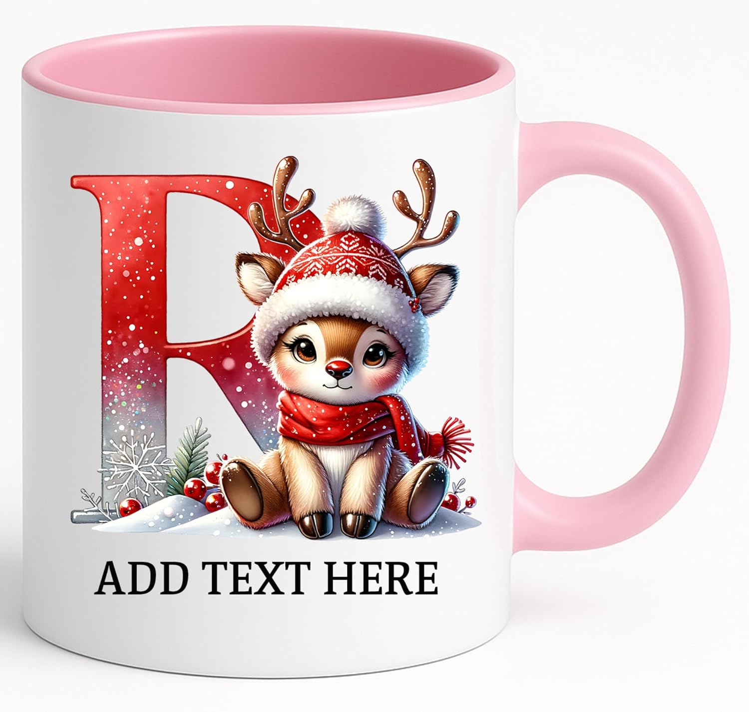 Personalized Reindeer Christmas Initial Mug – Custom Letter A–Z Monogram, Add Name/Date | 11 Ceramic, Dishwasher & Microwave Safe, Bulk/Wholesale cups (Pink) - Image 4
