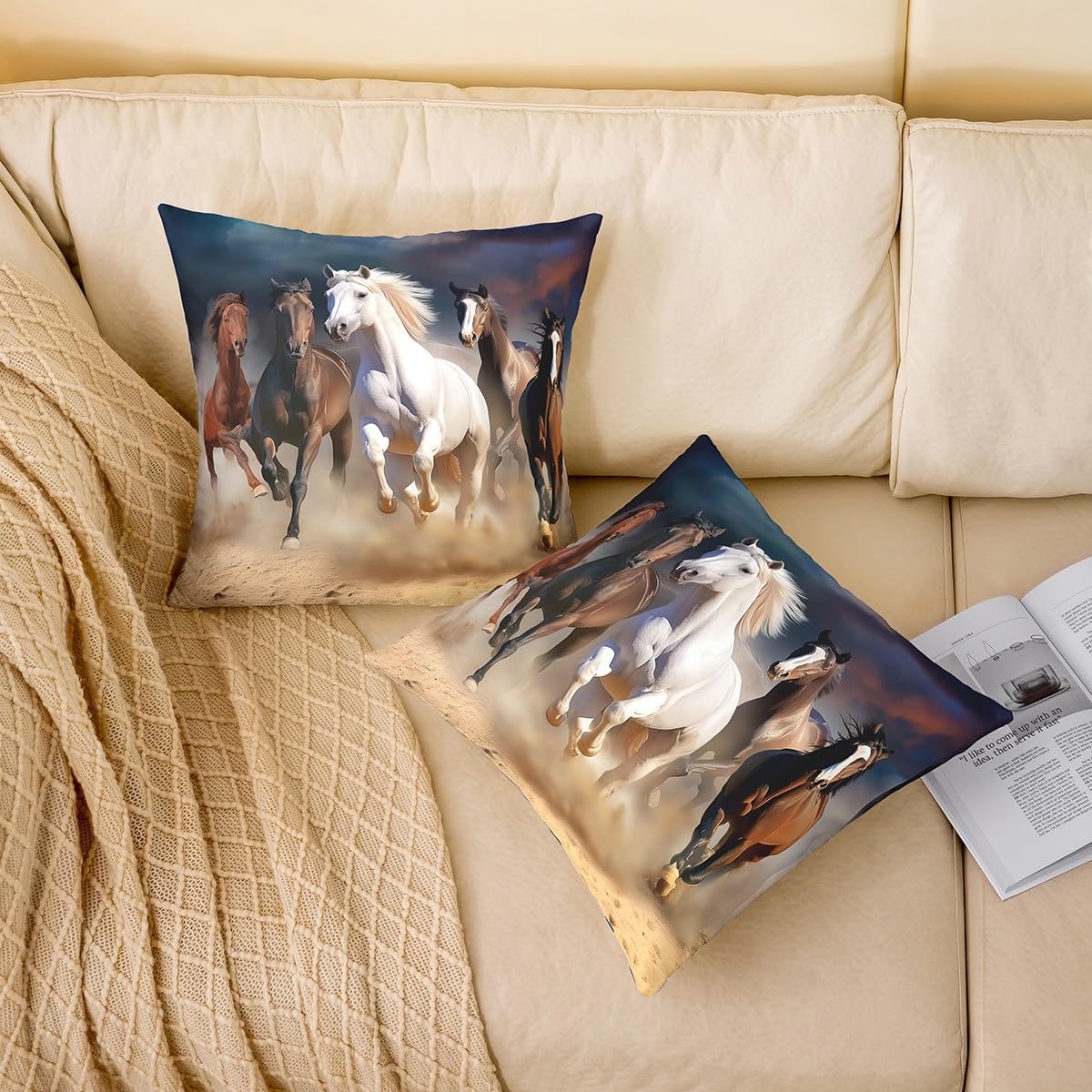 Horse Throw Pillow Covers 24"x24" Set of 2 Soft Galloping Horse Cushion Covers for for Couch Sofa Cute Animal Decor White Brown Kawaii Farm Cowboy Decorative Pillowcases Outdoor Pillows Covers