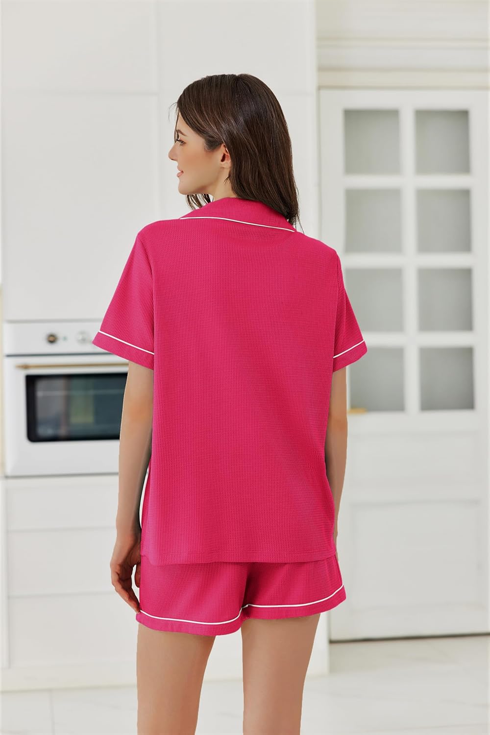 Ekouaer Womens Waffle Knit Pajama Sets Soft Short Sleeve Button Down Sleepwear Cozy 2 Piece Pjs Shorts Set - Image 3