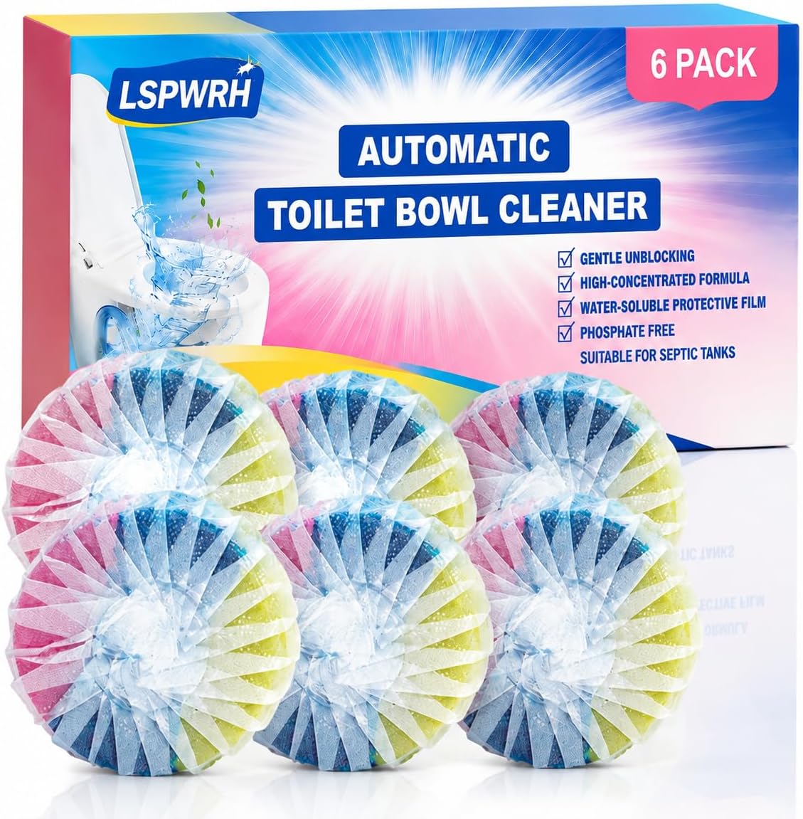 6 Pack Automatic Toilet Bowl Cleaner Tablets – 3-Color Yellow, Blue & Pink Toilet Cleaner Tablets, Long-Lasting Stain Remover & Deodorizer for Bathroom Tank Care