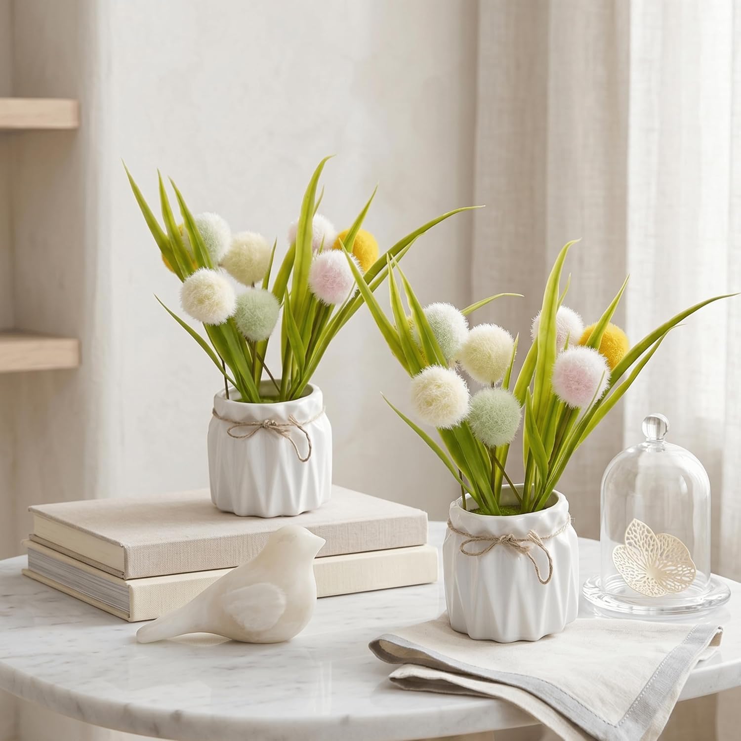 Dekorly Artificial Lavender Plant in White Pot, 18cm – Realistic Faux Flower Arrangement for Home & Office Décor (Set of 1) (2, Pingpong Flower)