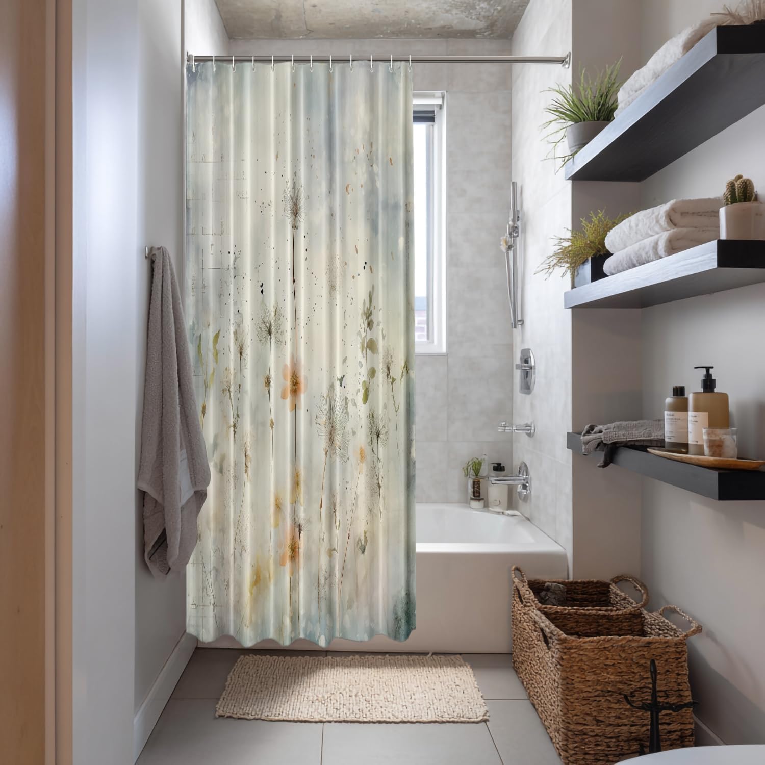 Shrahala Flowers Soft Colors Light Decorative Shower Curtain, A Soft Floral Painting Bathroom Décor Polyester Fiber Waterproof with Plastic Rings for Shower Stall Bathtubs 72 x 60 in