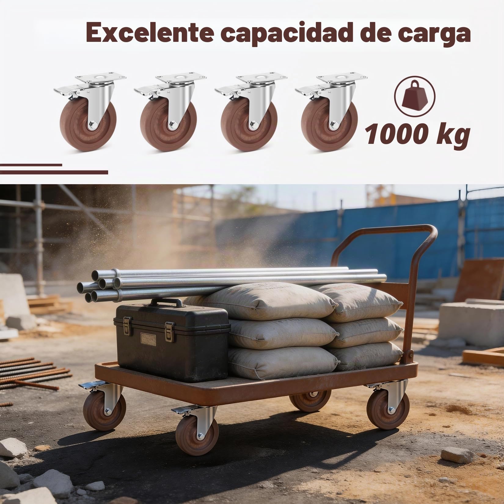 125mm Ruedas Resistentes al Calor, Carga de 1000KG, Rueda Giratorias Industriales con Freno, Resistentes -20°C a +250°C, Pesadas Ruedas de Nylon para Carros, Taller Fundición,Juego de 4