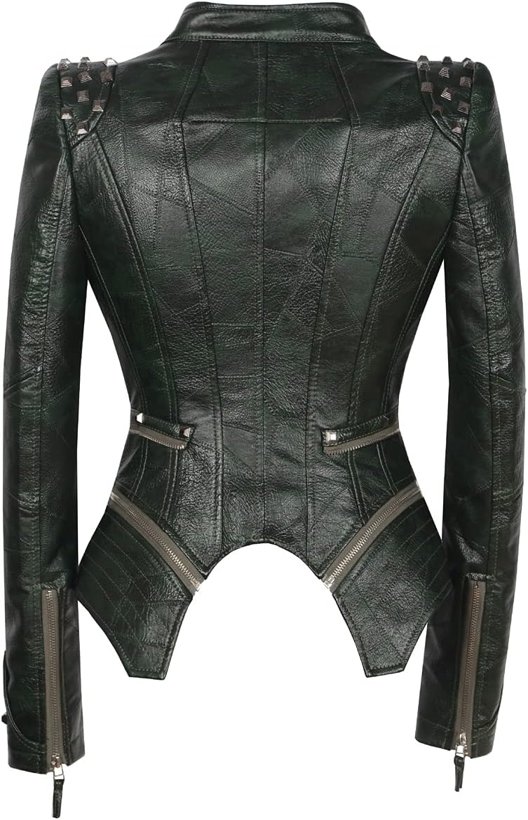SX Women's Fashion Studded Perfectly Shaping Faux Leather Biker Jacket - Image 4