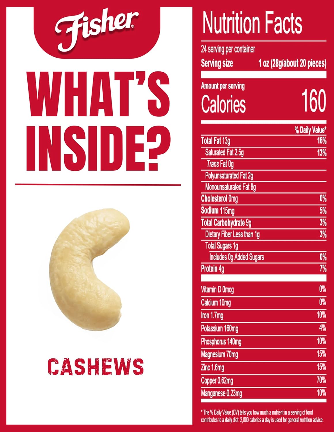 Fisher Oven Roasted Never Fried Deluxe Mixed Nuts, 24 Ounces (1 Pack) + Fisher Oven Roasted Never Fried Whole Cashews, 24 Ounces (1 Pack), Snacks for Adults