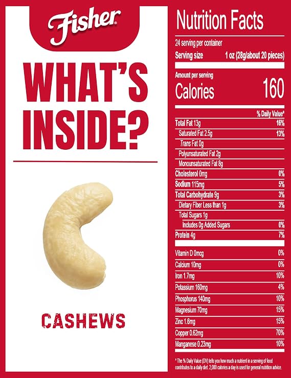 Fisher Oven Roasted Never Fried Deluxe Mixed Nuts, 24 Ounces (1 Pack) + Fisher Oven Roasted Never Fried Whole Cashews, 24 Ounces (1 Pack), Snacks for Adults