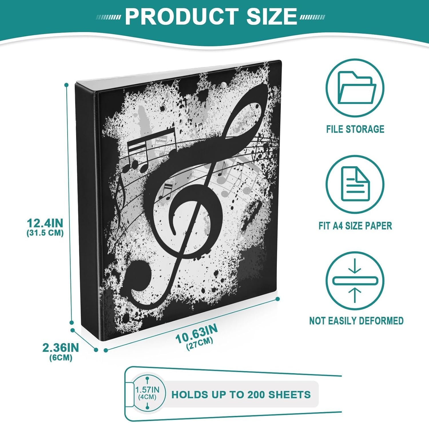 susiyo 3 Ring Binder 1.5 Inch Round Rings, Gunge Black Music Notes Round Ring Binders, Low Profile Clip Clipboards with 3 Clear Interior Pockets, Decorative Ring Binder for School Office Home