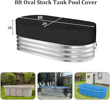 8ft Oval Stock Tank Pool Cover, Waterproof Sunproof dustproof 420D Oxford Cloth Cold Plunge Tub Cover Horse Trough Cover, Farm Water Tank Cover for Rural Patio Garden Outdoors (Black, 8 FT)