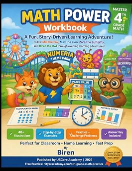 4th Grade MATH POWER Workbook Place Value, Operations, Fractions, Decimals, Measurement & Data 8 Complete Chapters with Illustrations