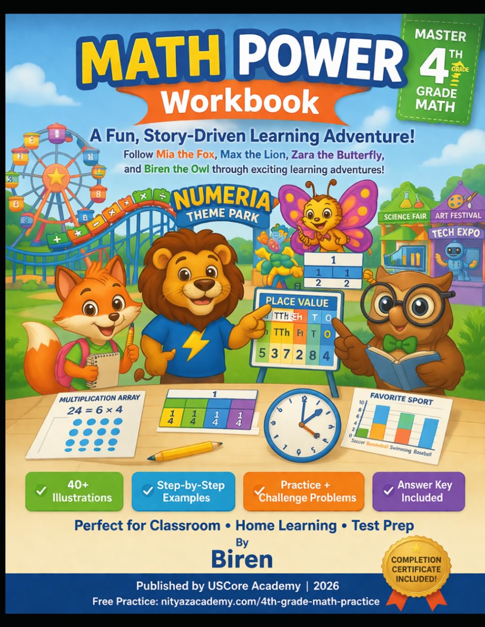 4th Grade MATH POWER Workbook: Place Value, Operations, Fractions, Decimals, Measurement & Data — 8 Complete Chapters with Illustrations