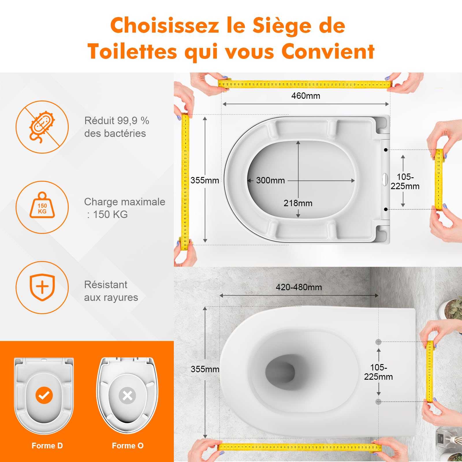 GRIFEMA Premium Abattant WC - Forme D, Universel - Duroplast(UF), Finition Céramique Brillante - Antimicrobienne & Anti-Jaunissement - Dégagement Rapide & Facile à Nettoyer - 150kg Capacité, 46.5x36cm