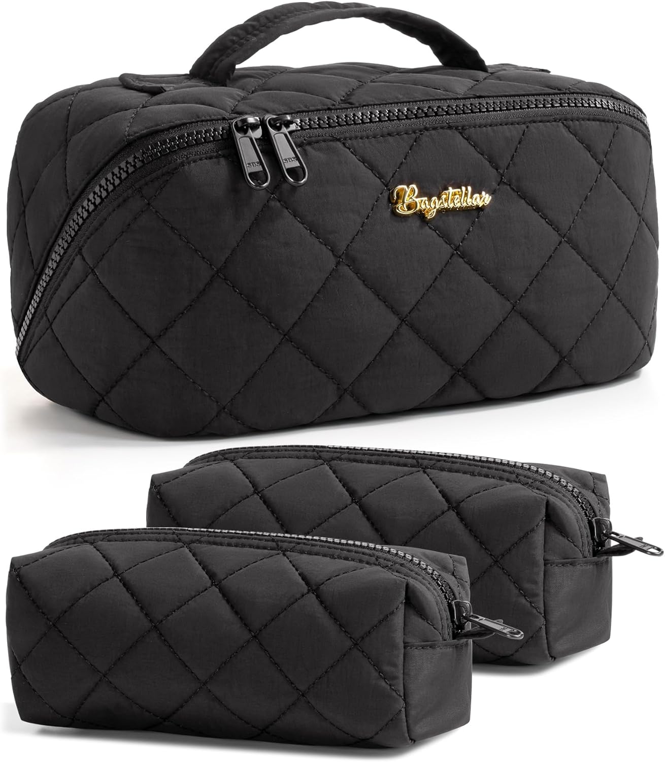 Travel Makeup Bag, 3 Pcs Large Capacity Puffy Toiletry Bag for Women, Open Flat Quilted Make up Cosmetic Organizer w/Handle & Clear Divider Water-resistant Portable Pouch Travel Essentials, M-Black