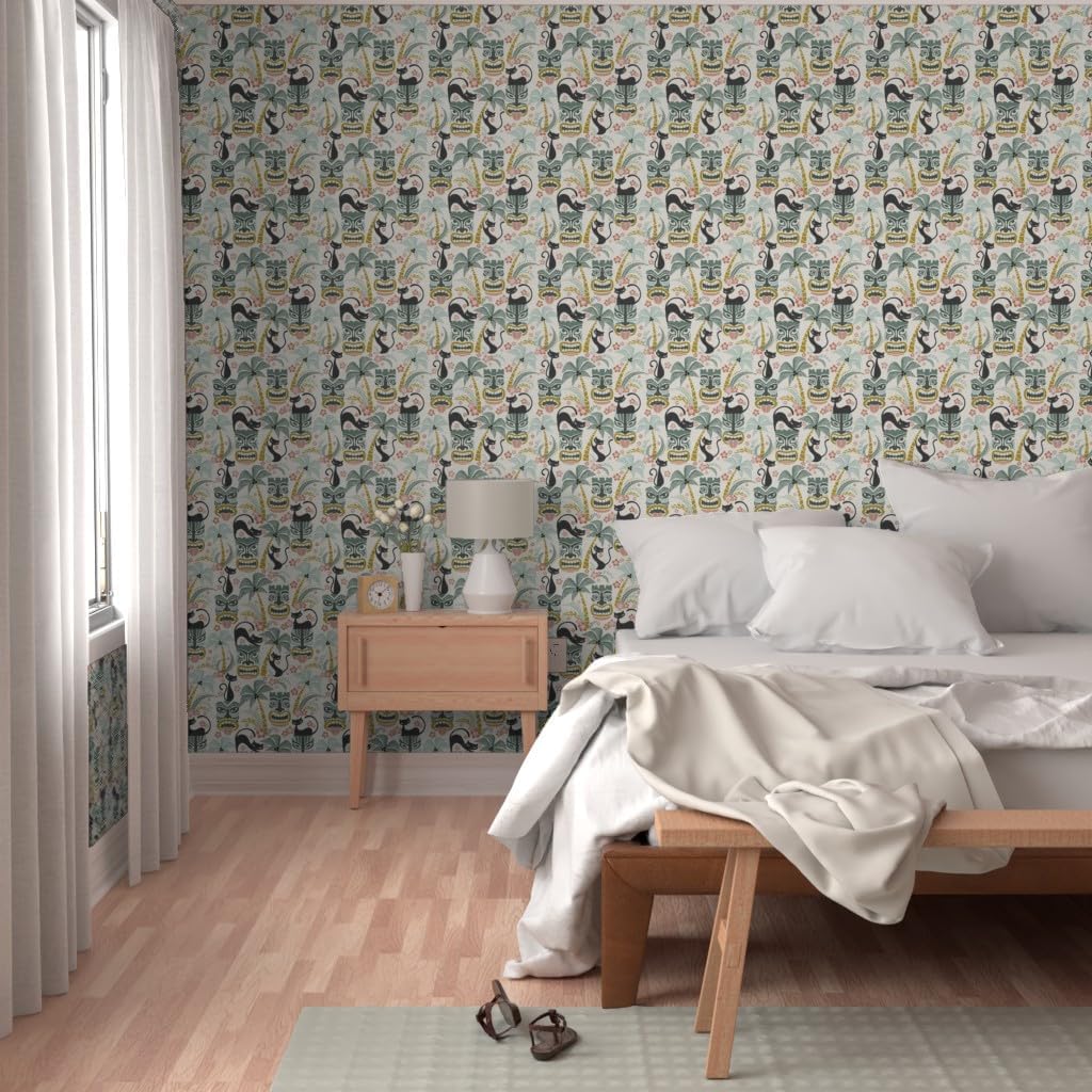 Peel & Stick Wallpaper Swatch - Mid Century Cats Tiki Bar Tropical Island Retro Inspired Atomic Era 1950S 1960S Look Custom Removable Wallpaper by Spoonflower