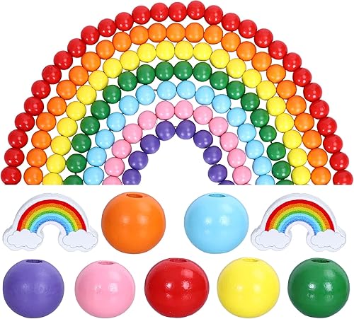 Whaline 230 cuentas coloridas de madera de arco iris de verano, pintura redonda de naturaleza, cuentas espaciadoras de madera, cuentas rústicas de