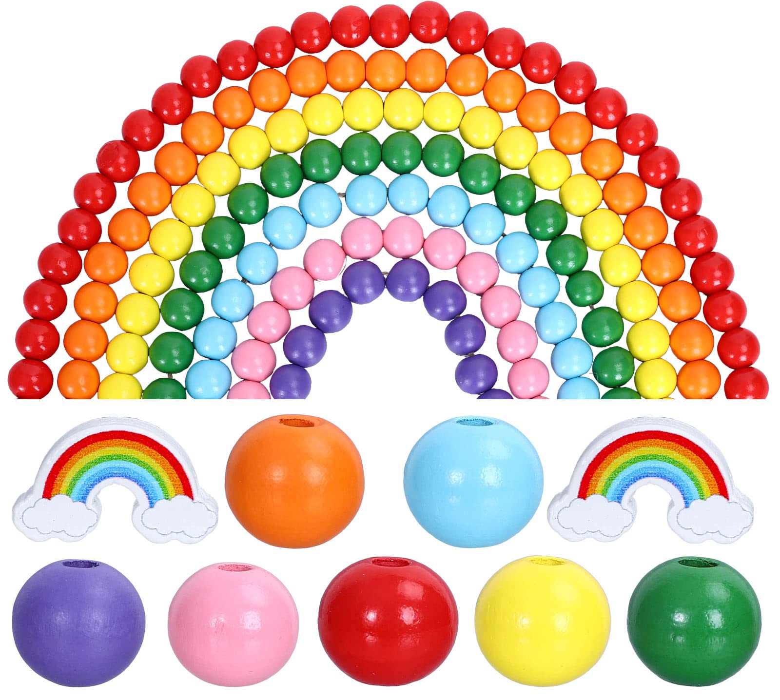 Whaline 230Pcs Colorful Summer Rainbow Wooden Beads Nature Round Paint Wooden Spacer Beads Rustic Farmhouse Craft Loose Beads for Summer Party Gay