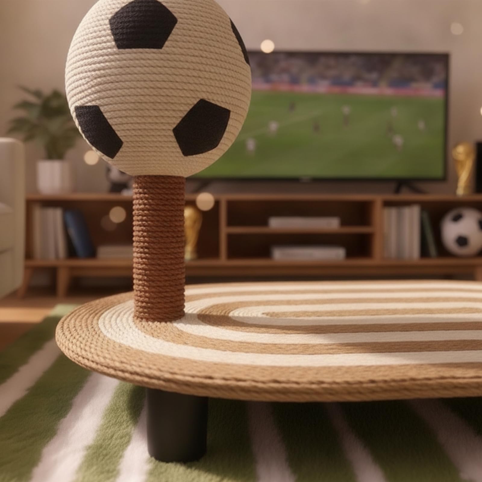Tiragraffi per Gatti Tavola Ovale Centro Gioco Colonna Verticale con Palla Campo Stampato Superficie Intrecciata Sisal Struttura Stabile Compatta, Colore Canapa Naturale, Medio