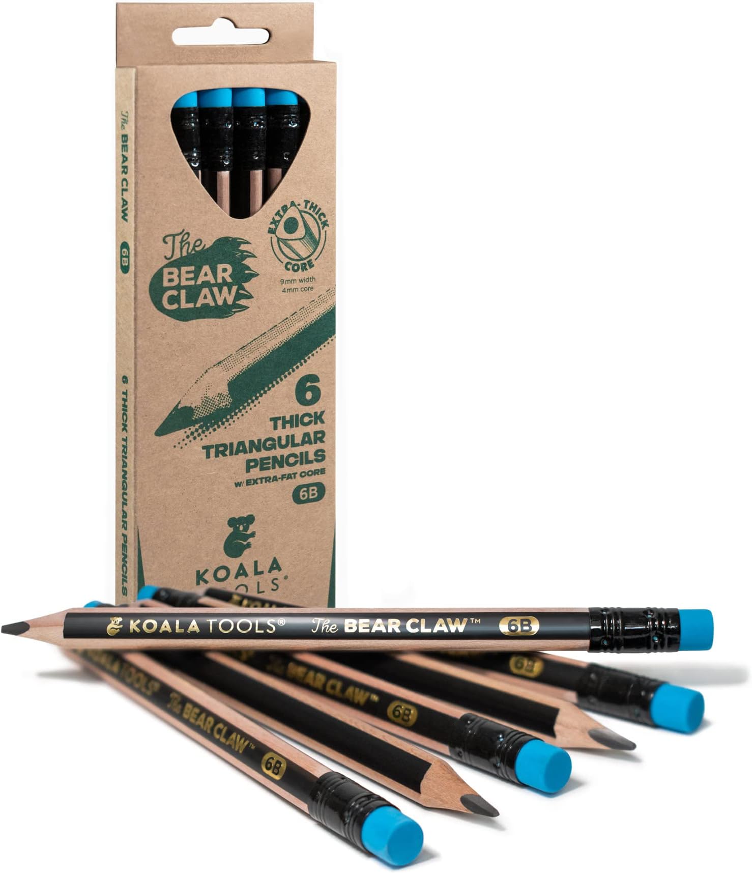Bear Claw Pencils 1-Pack (6 Pencils) - Fat, Thick, Triangular Grip, Extra-Dark 6B Graphite Core with Eraser - Suitable for Kids, Art, Drawing, Drafting, Sketching & Shading
