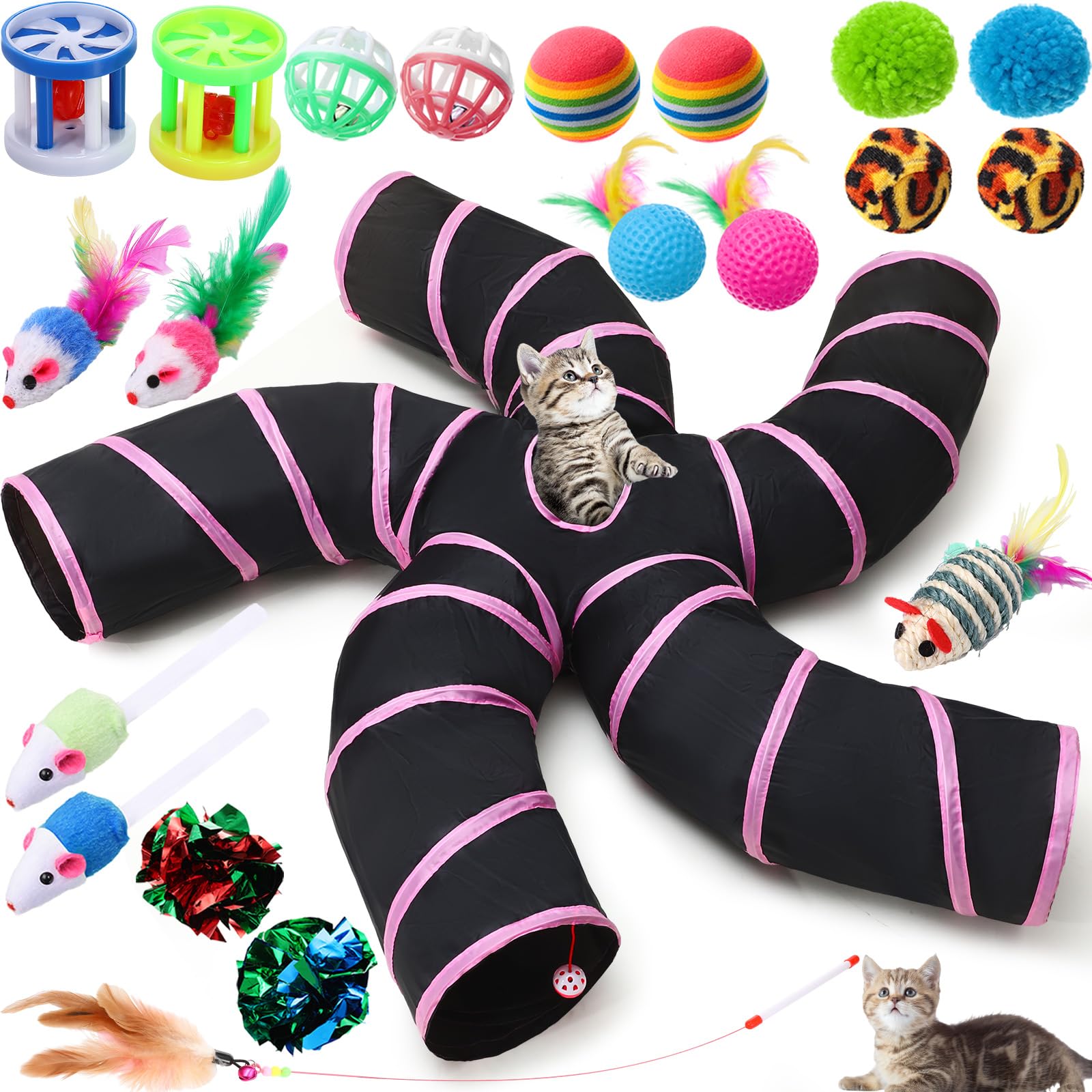 Poen 21 Pcs Cat Tunnel for Indoor Set Collapsible 5 Way Tubes with 20 Pcs Cat Kitten Toys Interactive Feather Toy Mouse Crinkle Balls Tube for Puppy