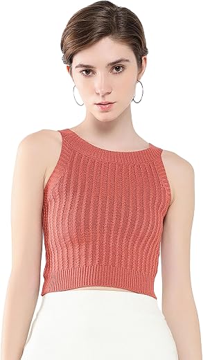 ICW Women's Acrylic Knitted Self Design Sleeveless Halter Neck Crop Cami Tank Top 265