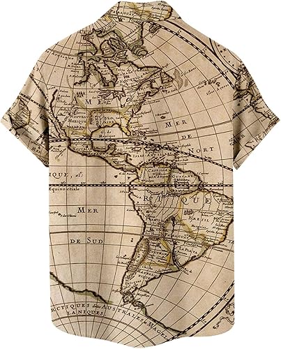 Miniatura 5 de Camisa hawaiana para hombre, casual, con botones, manga corta, unisex, para playa, a la moda, con estampado de mapa del mundo, tops de verano