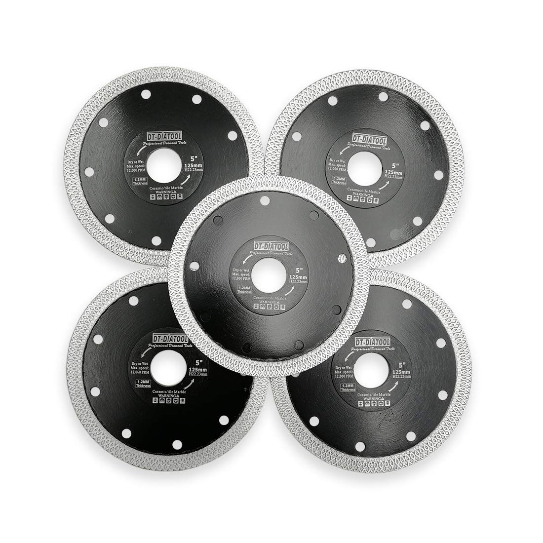 DT-DIATOOL Diamentowe ostrze piły 5 szt., 125 mm, tarcza tnąca z siatką X, turbo, do płytek porcelanowych, marmuru, ceramicznego granitu