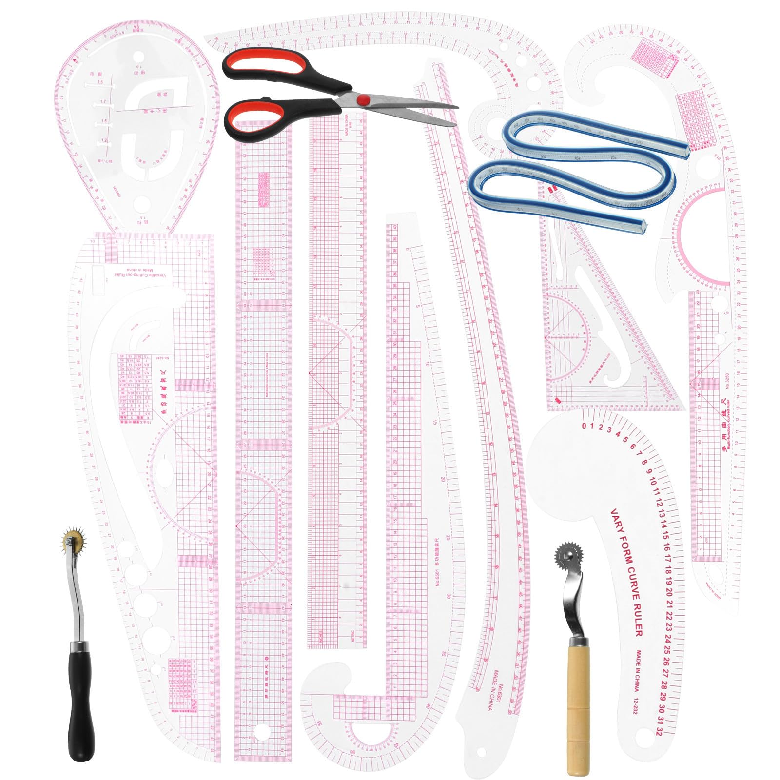 KALLORY Nählineal Präzises Kurvenlineal 14 Stück aus Pvc und Edelstahl und Schnittmusterlineal zum Zeichnen und Anfertigen von Kleidung für Anfänger und Designer