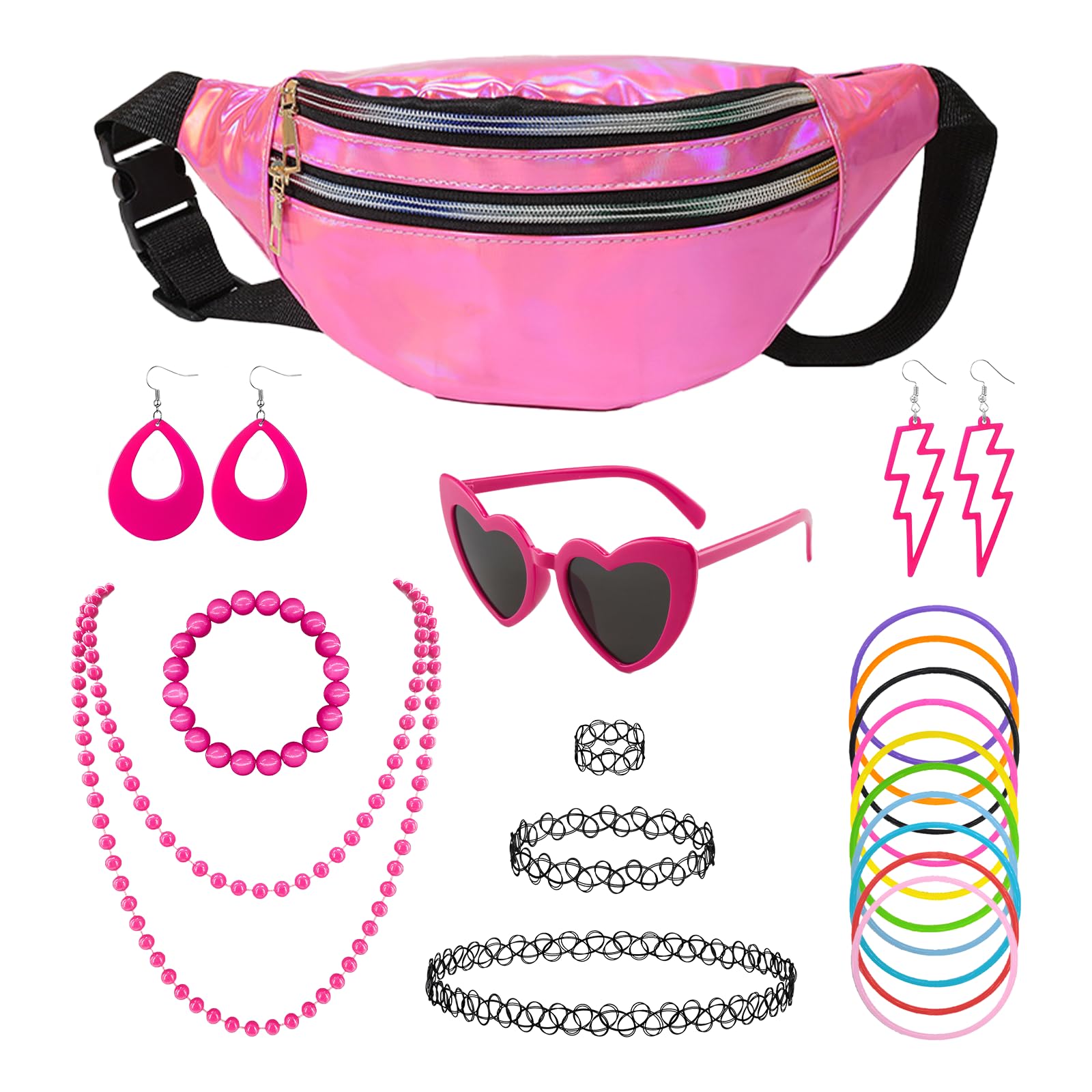 Xerteam 21 Pcs 90er Jahre Outfit Damen, 90er Jahre Accessoires 90er Retro Outfit mit Bauchtasche Damen Herzbrille Tattoo Kette Armband 80s 90s Ohrringe für Malle Accessoires Festival Party Outfit
