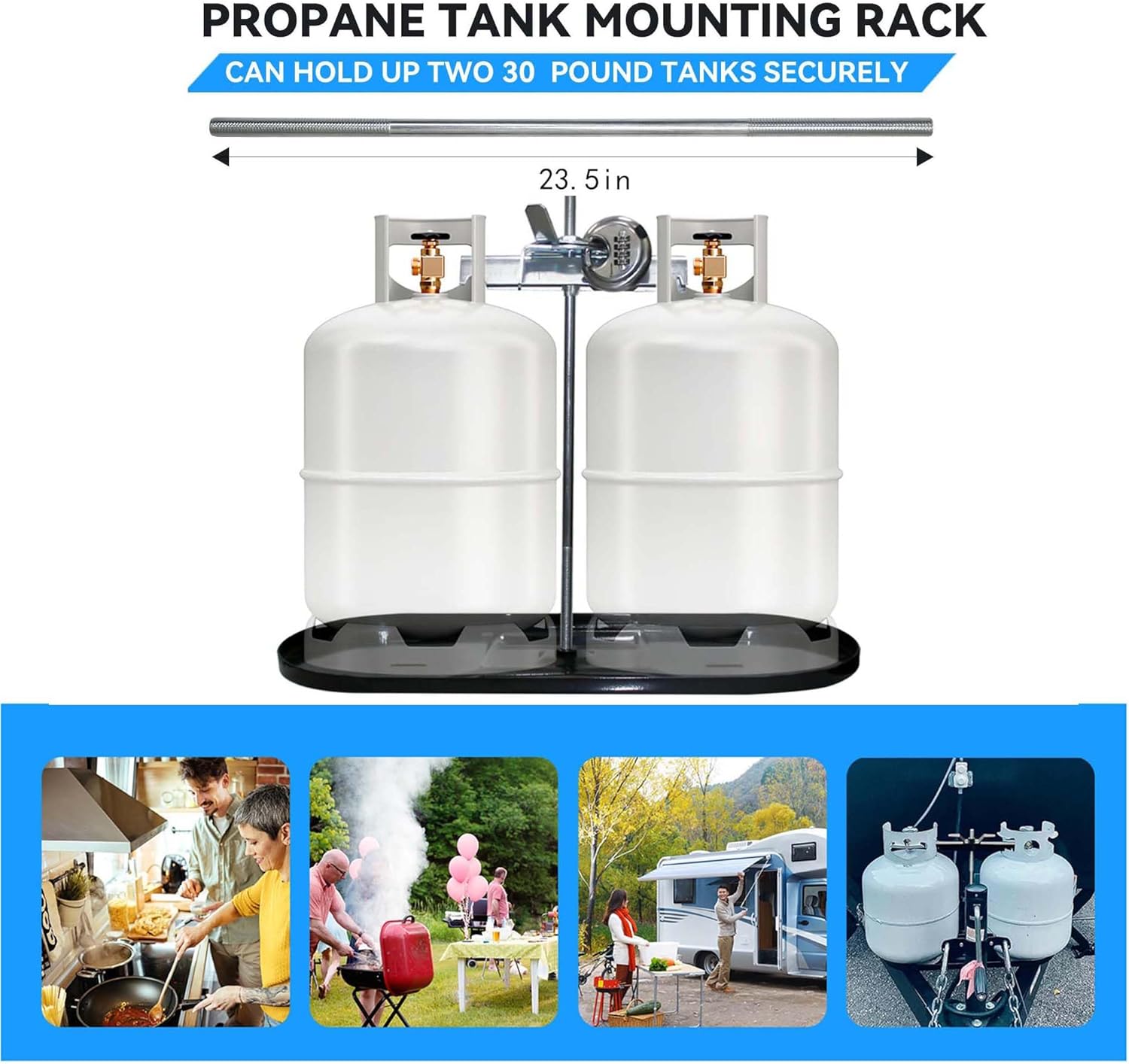 RV Dual Propane Tank Mounting Rack with Locking Device for 30lbs Tanks for Travel Trailer Hitch Frame, Black-Lock