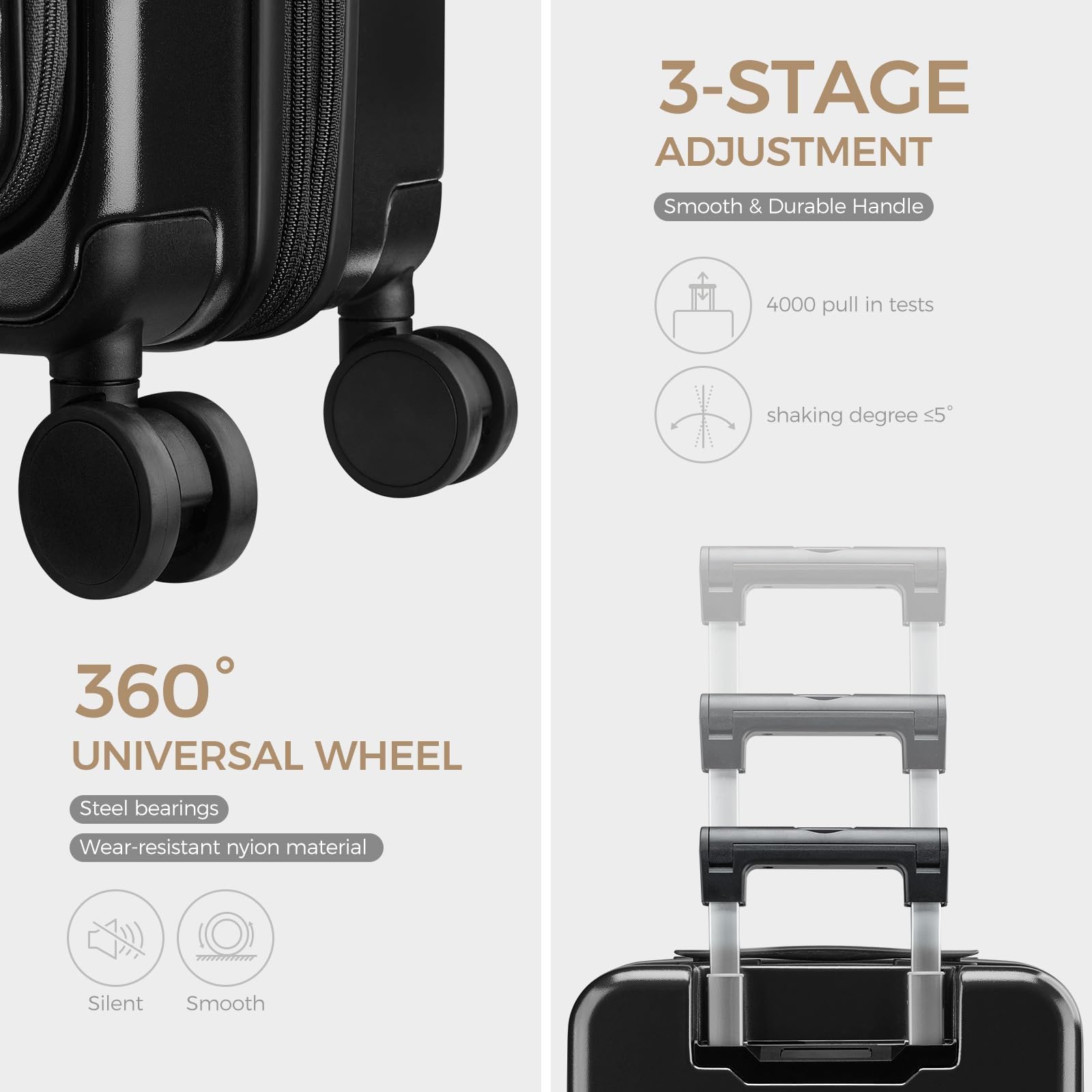 Equipaje de mano con ruedas giratorias y cerradura TSA integrada, maleta rígida de carga superior expandible, maleta de gran capacidad, equipaje rodante duradero con puerto USB BH013, Negro