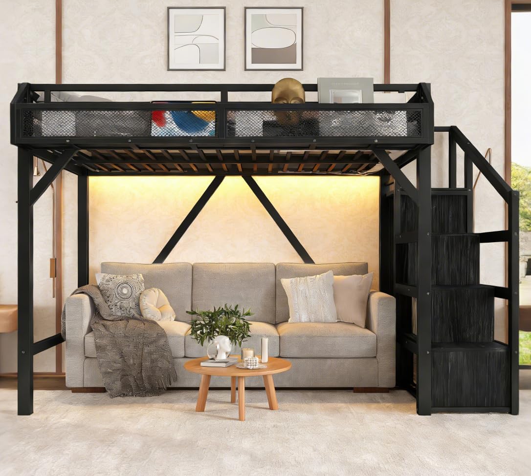 Bellemave Twin XL Size Loft Bed with Storage Stairs, Shelves and Wardrobe, Twin XL Metal Loft Bed Frame with USB Ports and LED Lights, Noise-Free& Space-Saving, for Adults,Teens,Boys,Girls, Black