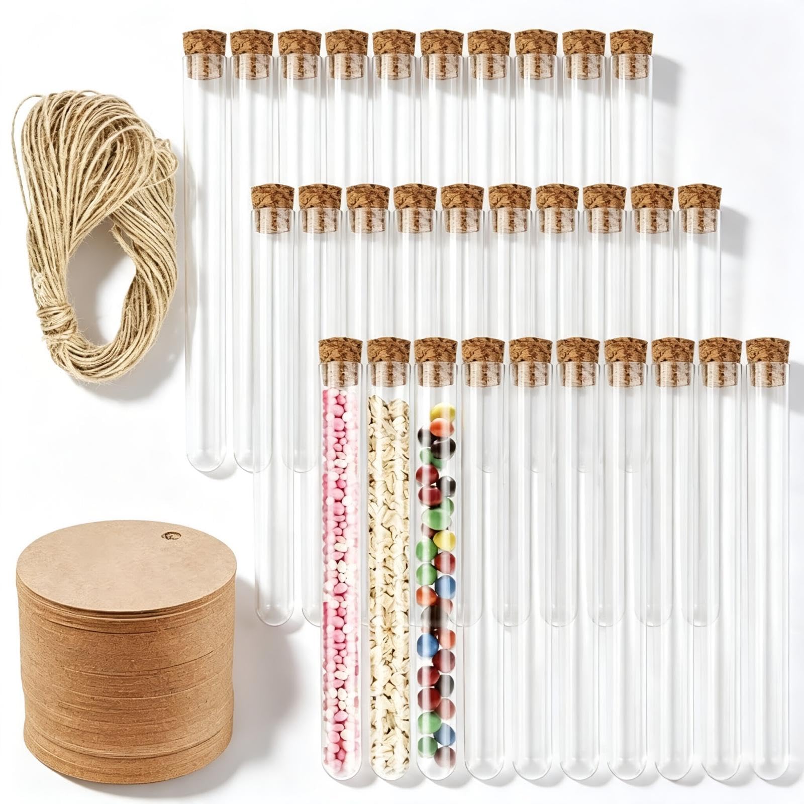 Firschoie Pack of 30 Test Tubes, 15 x 150 mm Test Tubes with Plastic Corks, Transparent Test Tubes with 30 Pieces Kraft Paper Tags and 20 m Hemp Rope, for Laboratories, Sweets, Flowers-picture-10