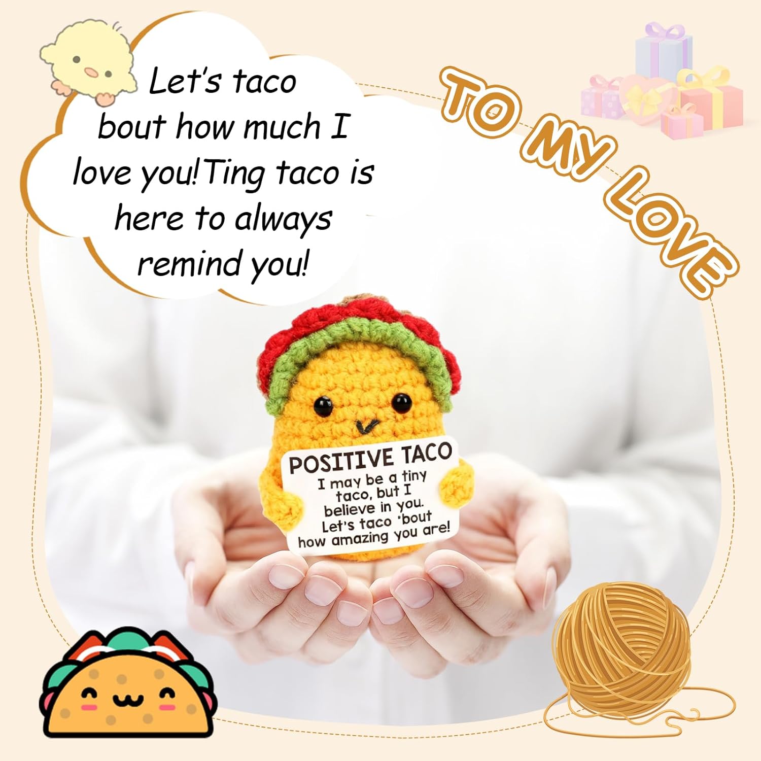 Positive Handmade Crochet Taco, Funny Birthday Gag Gift for Women Men, Emotional Support Gift for Living Room,Bedroom,Kitchen,Bookshelf,Office Desktop Decoration, Comes with Message Card