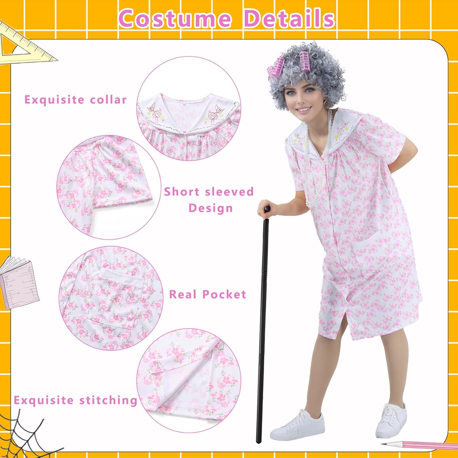 9pcs Adult Old Lady Costume for Women 100 Days of School Costume Grandma Dress Up Old Lady Costume Accessories - Image 3