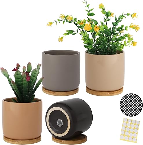 Macetas cilíndricas de cerámica de 4 pulgadas con agujeros de drenaje y platillos, maceta pequeña esmaltada para plantas de interior, suculentas,