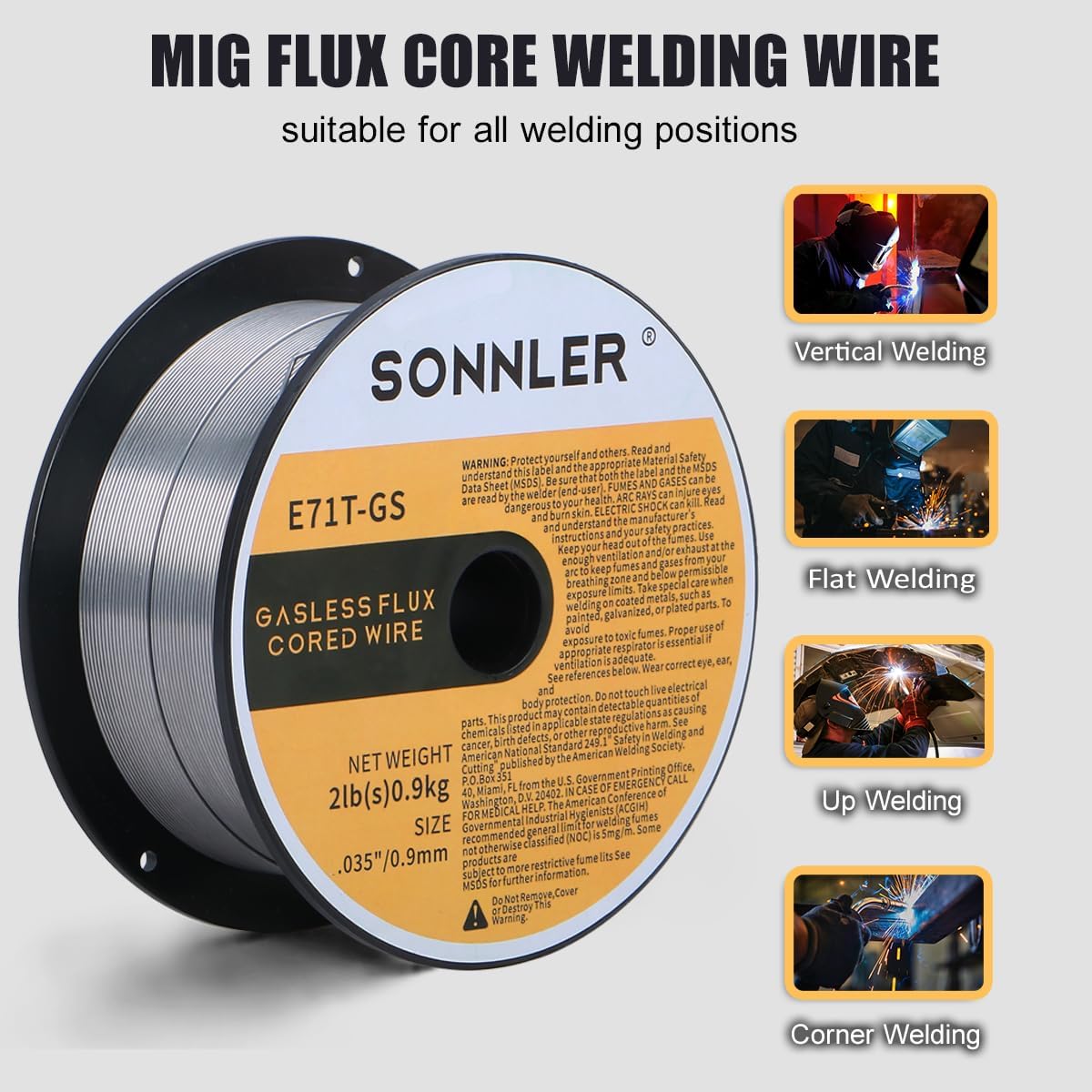 035 Flux Core Welding Wire, SONNLER E71T-GS 2LB 0.9 mm Gasless Mig Steel Welding Wire(2PACK)