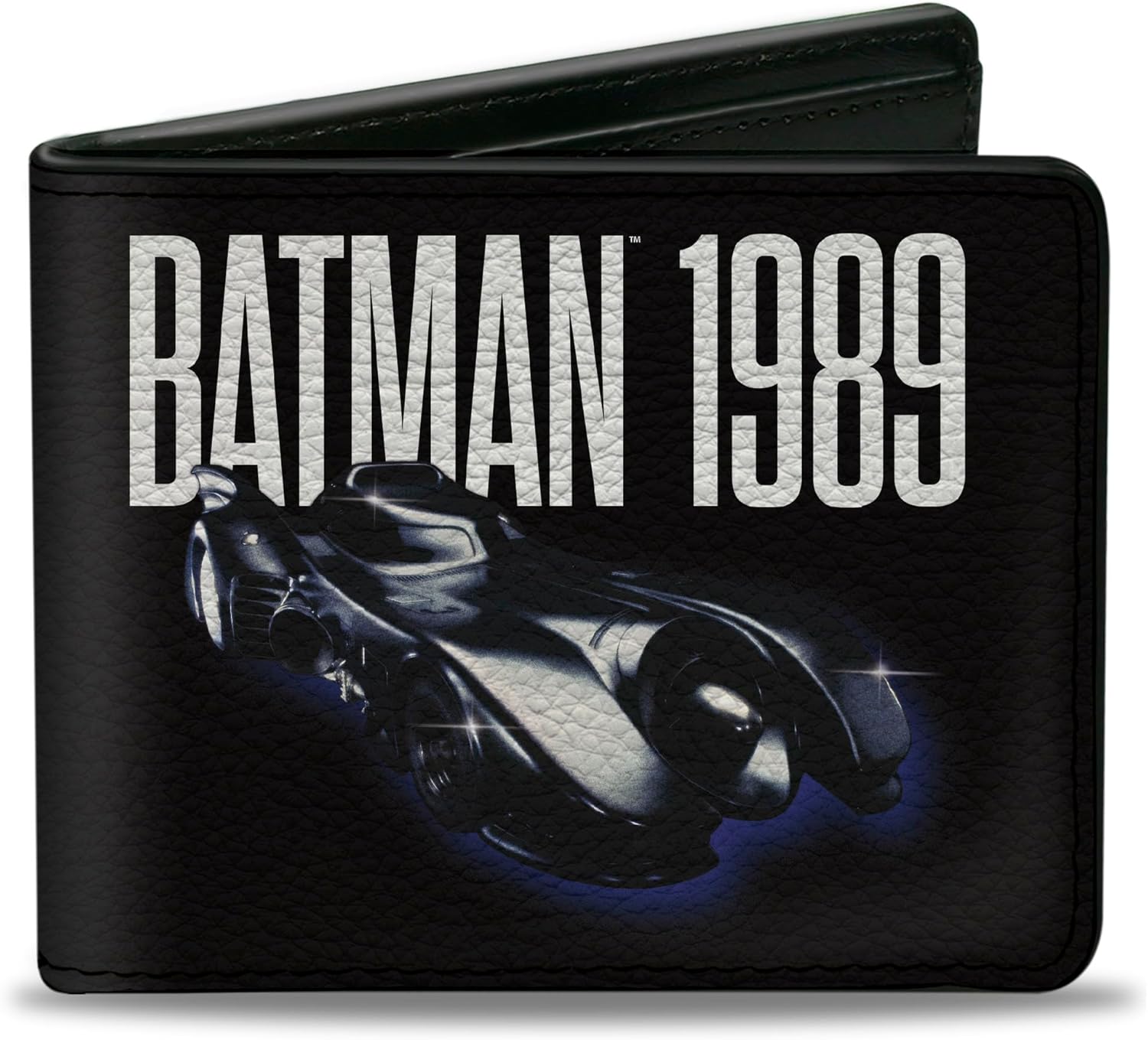 Buckle-Down DC Comics Wallet, Bifold, Batman 1989 Batmobile Text Black White Blue, Vegan Leather