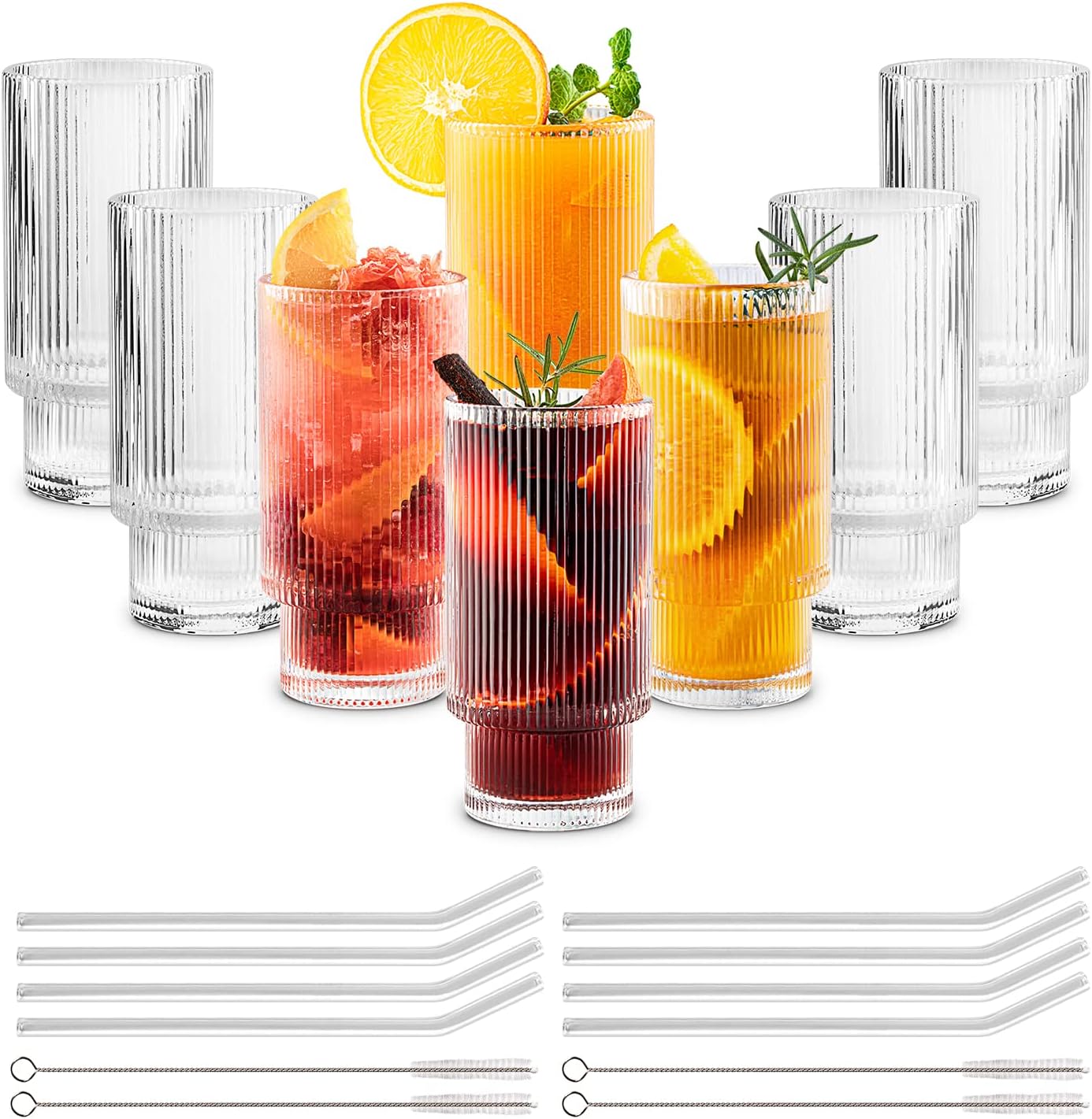 Ribbed Glass Cups with Straws 12oz, Drinking Glasses Set of 8, Ribbed Glassware, Cocktail Glasses, Vintage Glassware, Whiskey Glasses, Coffee Bar Accessories, Housewarming Gifts for New House