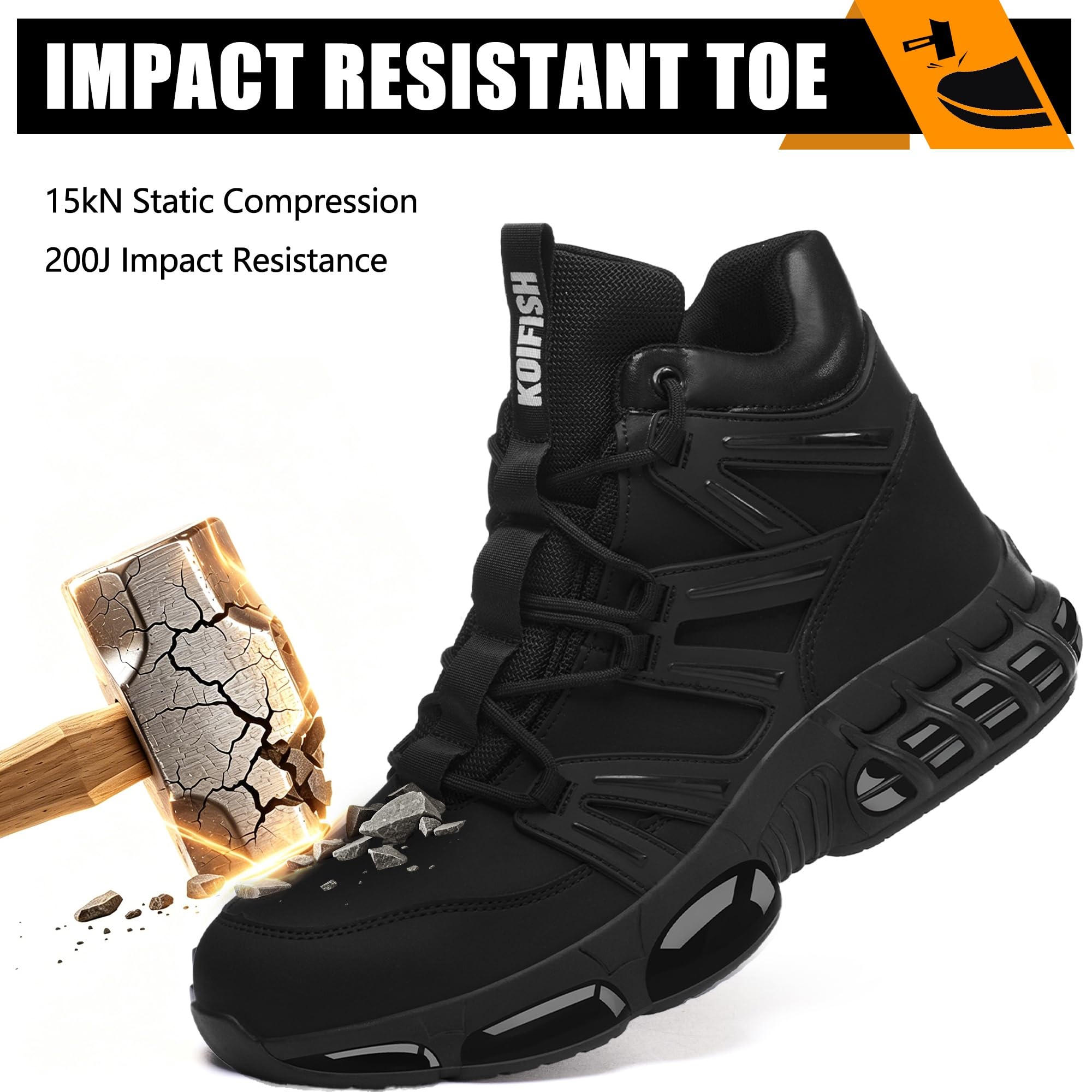 Arbeitsschuhe Hoch Wasserdicht Sicherheitsstiefel Herren Damen | Kunstleder mit geschlossener Zunge, Stahlkappenschuhe+Kevlar, EN ISO 20345, Luftkissen-Sohle, Sicherheitsschuhe Leicht Bequem