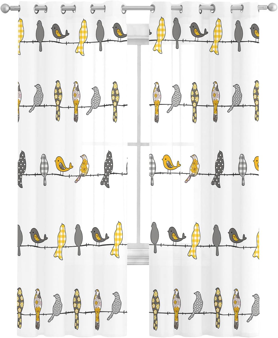 Floral Sheer Curtains 42x45 inch Length for Living Room,Birds on the Wire Yellow Grey Orange Window Curtains Light Filter Drapes Grommet Semi Sheer Curtains for Bedroom Kitchen Decor,2 Panels
