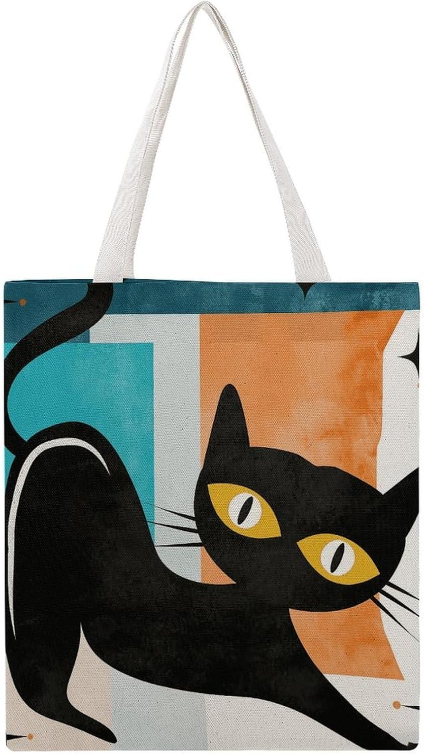 Medieval Black Cat Pattern Canvas Tote Bag Reusable Grocery Bags Foldable Soft Cotton Shoulder Carry Bag