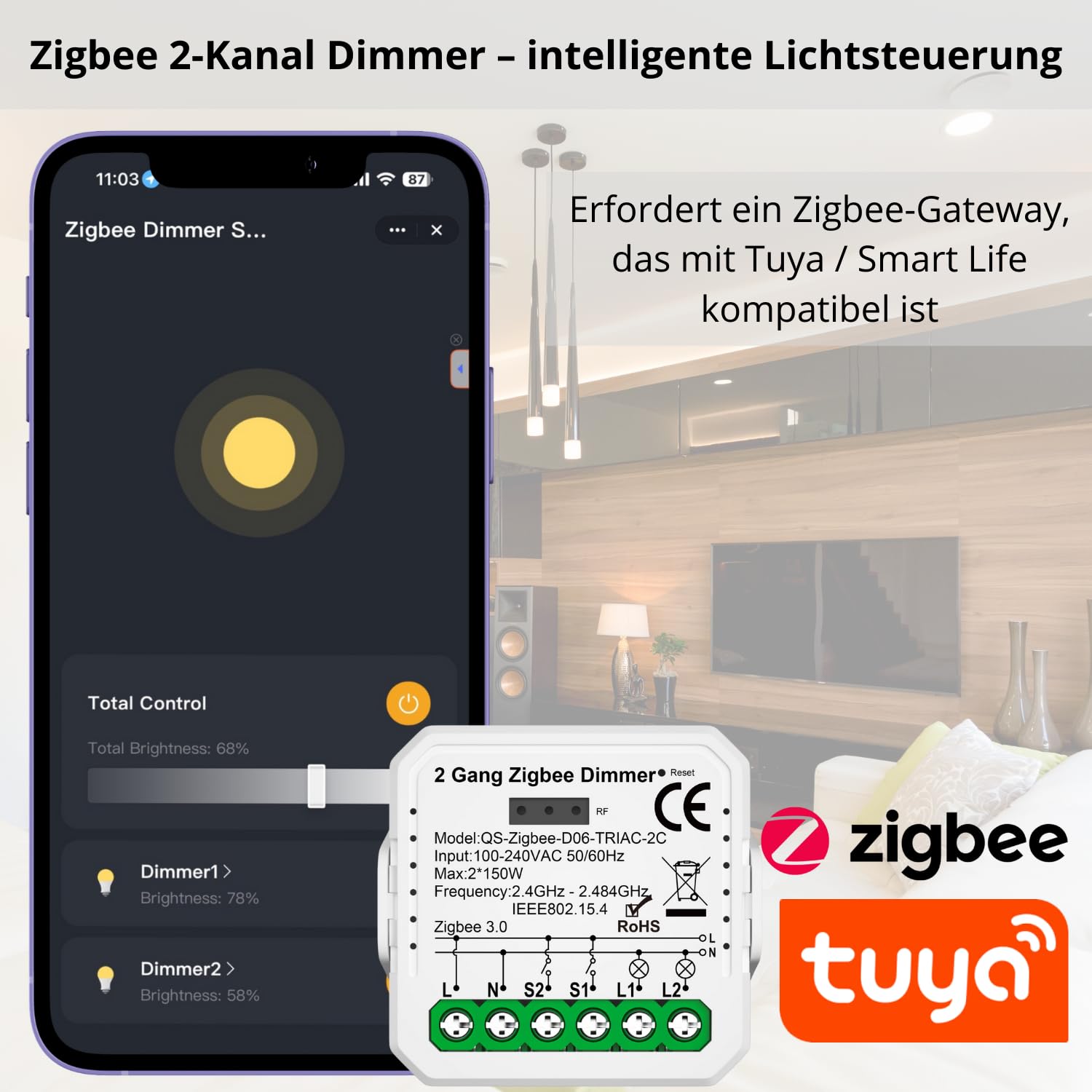2 GANG Dimmer TUYA Zigbee MINI V3 regolatore di illuminazione