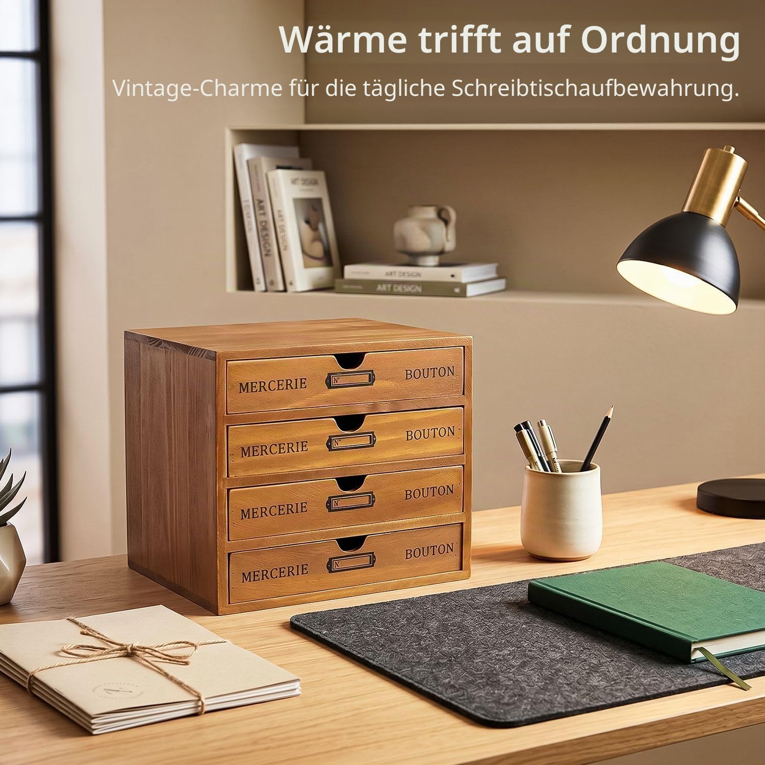 Flexzion Holz-Schreibtisch-Organizer mit 4 Schubladen, 4-stöckiger Holz-Tischschrank, Arbeitsplatte, Schreibtisch-Zubehörbox, für Zuhause, Arbeitsplatz, Theke, Kunsthandwerk, Werkzeugpost
